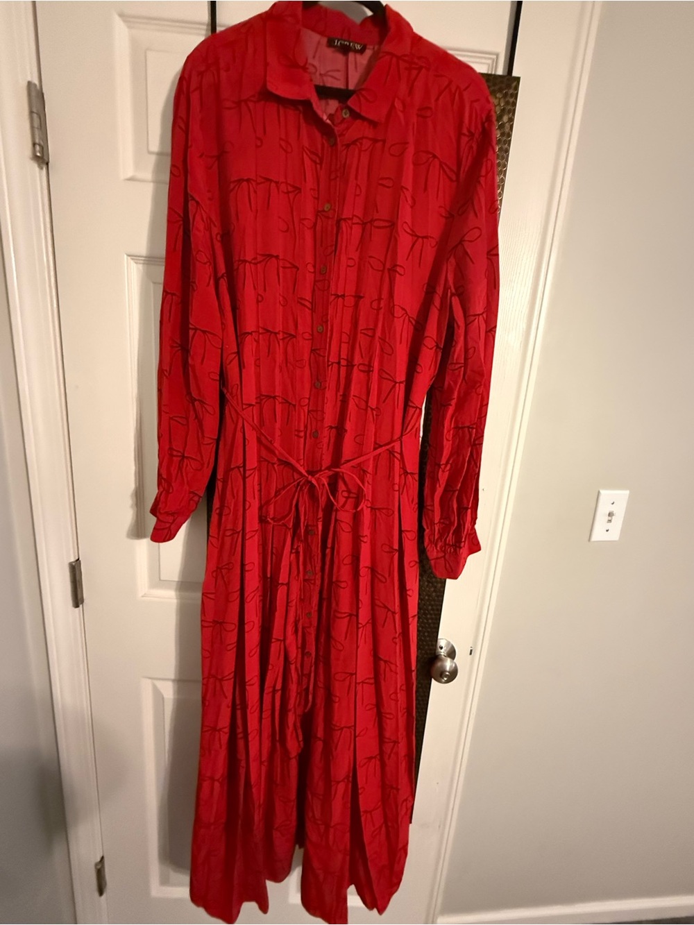 J. Crew Red Bow Button-Front Maxi Dress with Tie Waist- holiday dressy